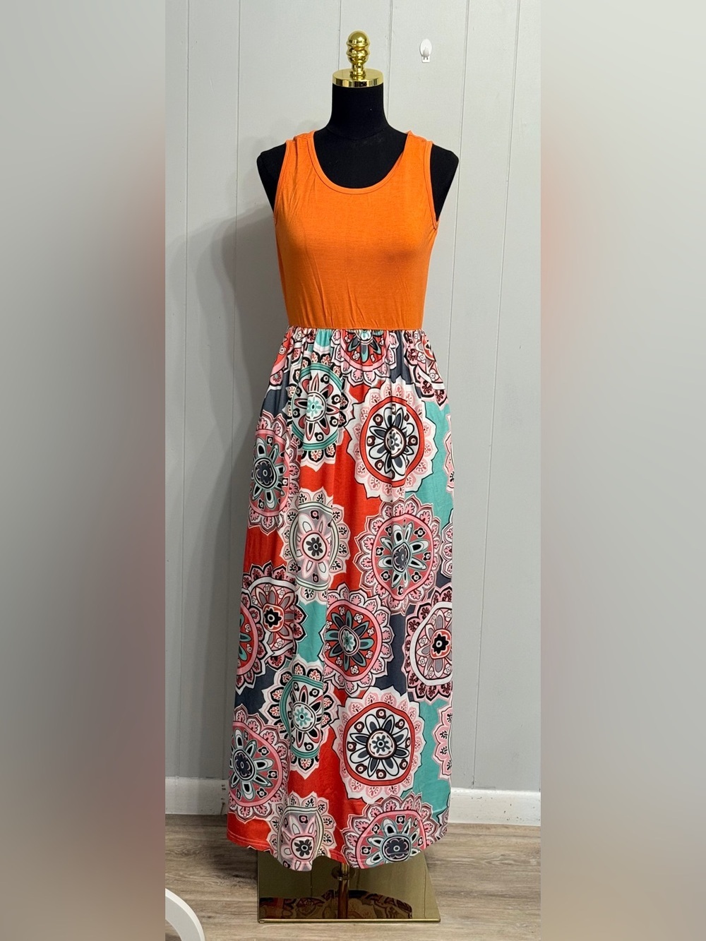 Orange Sleeveless Maxi Dress with Turquoise & Coral Medallion Skirt